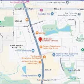 Map showing Advantage Financial Services at 3222 Fairway Street South in Lethbridge
